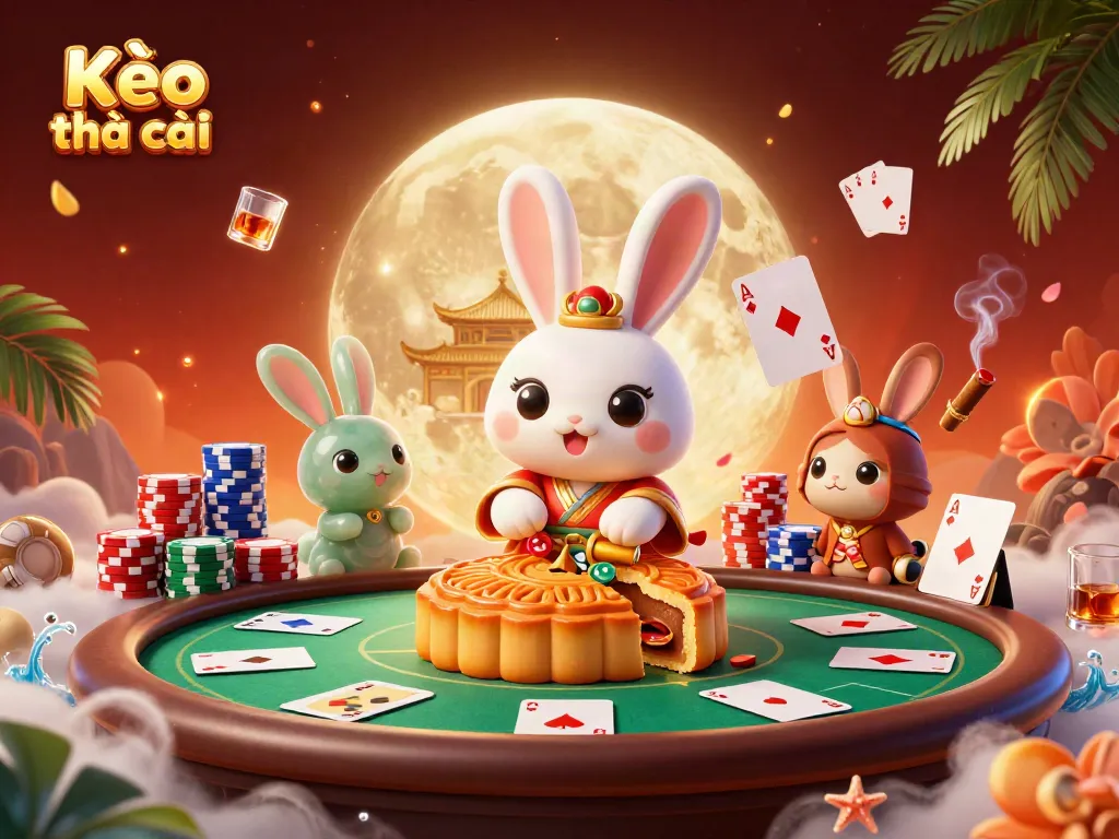 Experience the thrill of Kèo nhà cái as playful moon rabbits reveal poker chips beneath mooncakes in this vibrant casino scene.