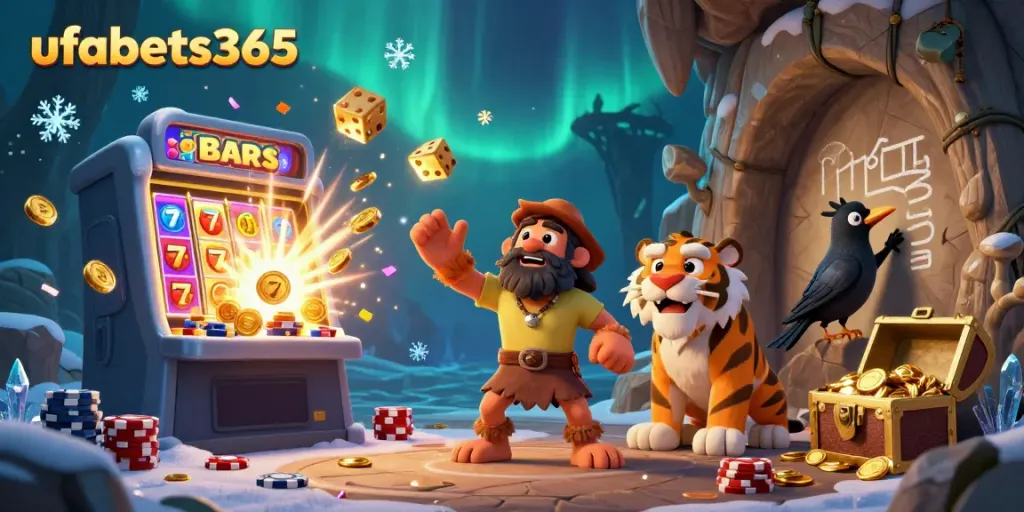 Experience thrilling jackpot moments at ufabets365 with a dynamic prehistoric casino scene featuring vibrant characters and elements.