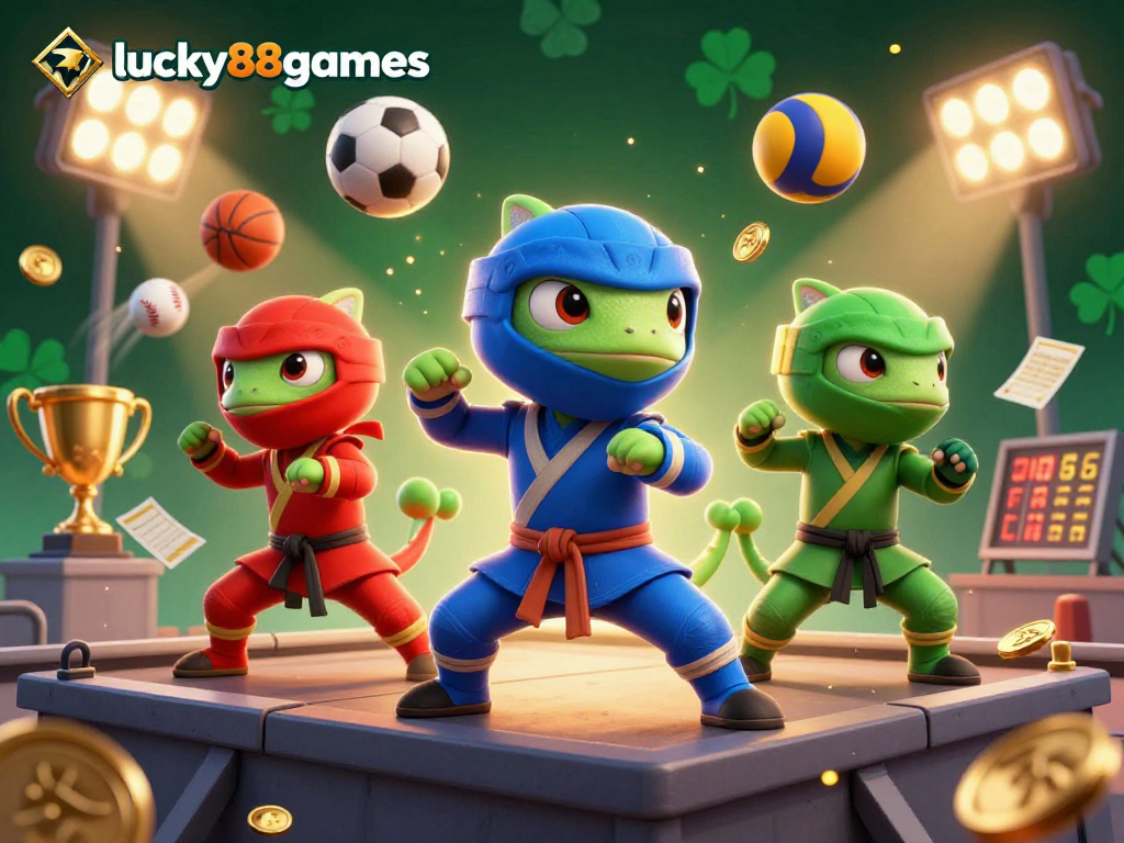 Join the fun at lucky88games with ninja chameleons battling in a dynamic casino sports scene.