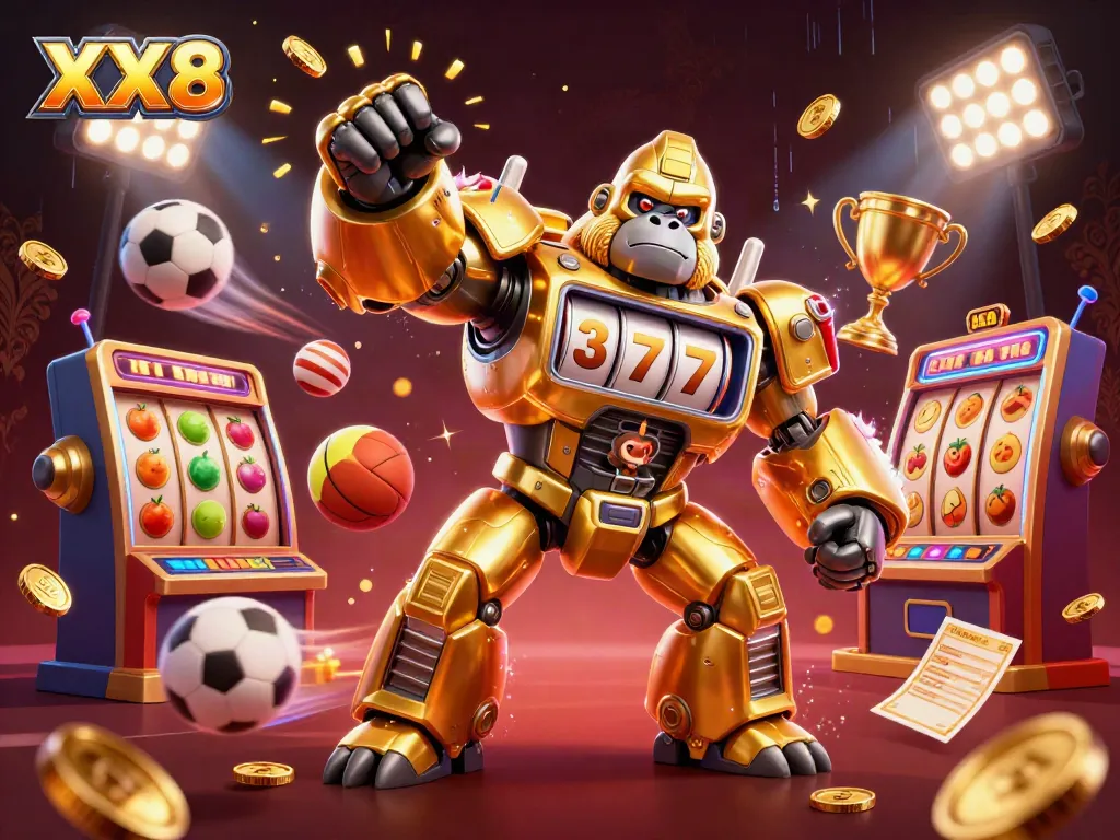 Experience thrilling slots action with XX8's playful golden gorilla mech surrounded by dynamic casino elements.