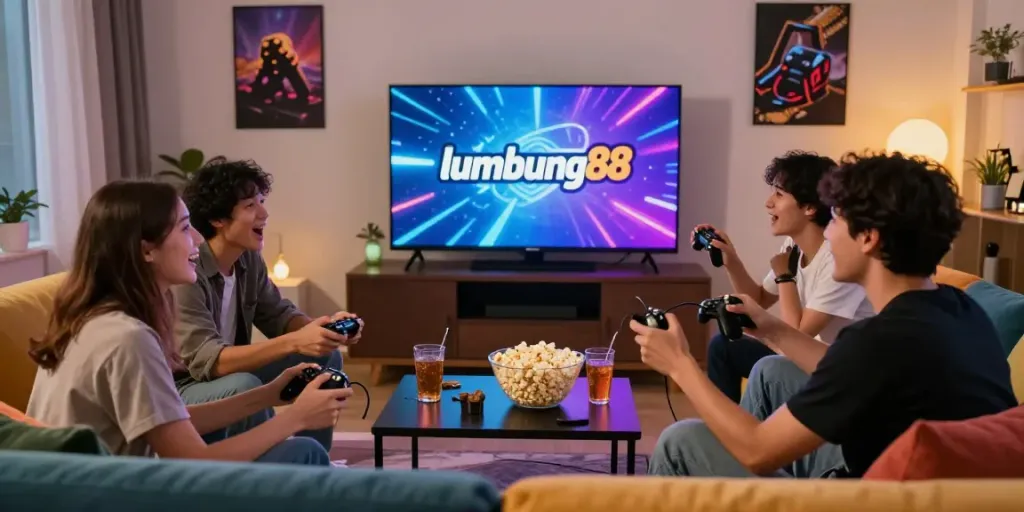 Group enjoying gaming session with lumbung88 logo on screen, lively atmosphere.