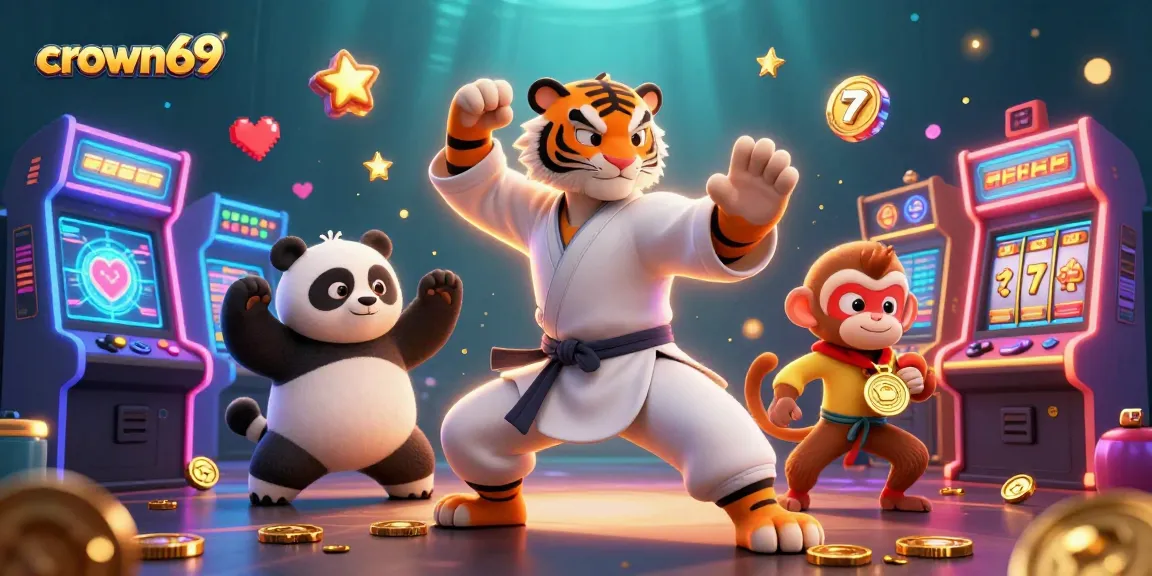 Crown69 illustrates a fun online casino environment with playful characters and engaging slot elements.