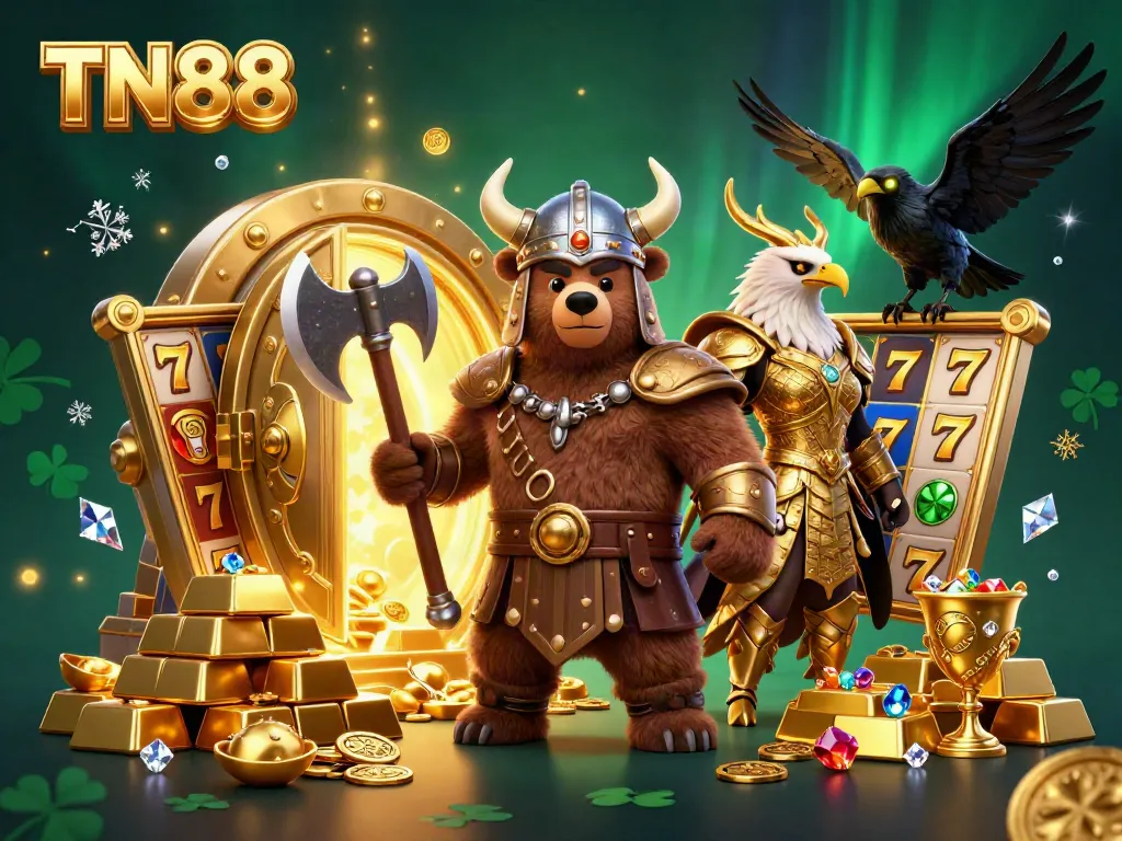 Engage in thrilling casino gameplay with TN88, featuring Viking characters and treasure elements.