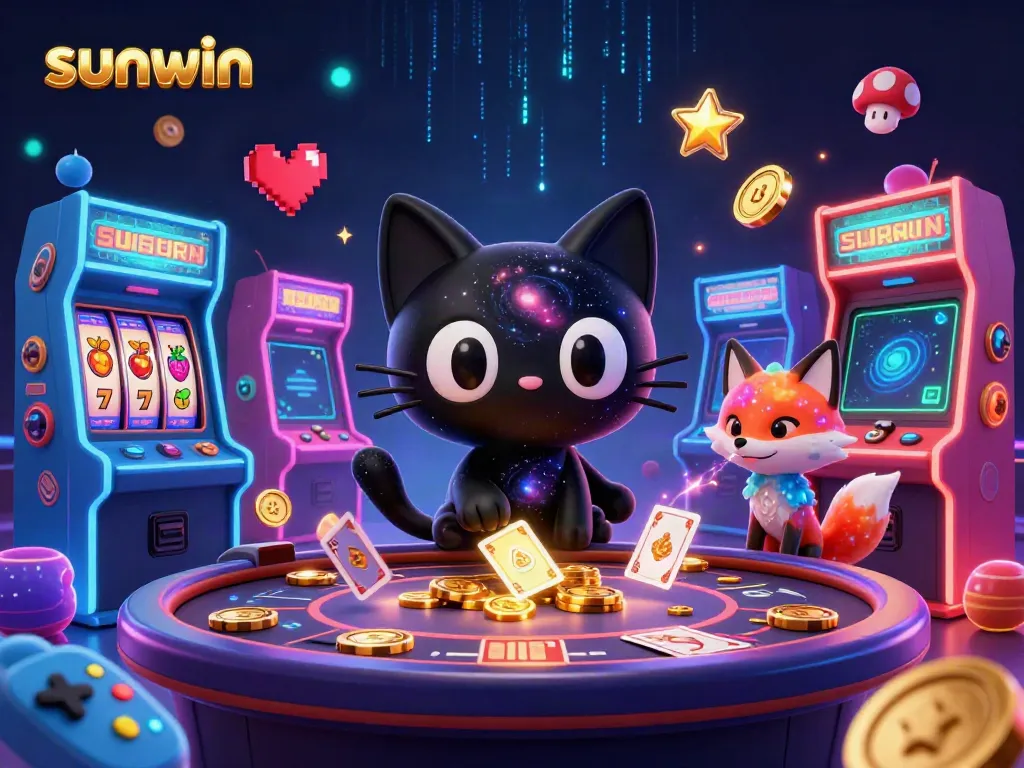 Experience the enchanting cosmos of sunwin where a black hole cat pulls in chips amidst a vibrant casino.
