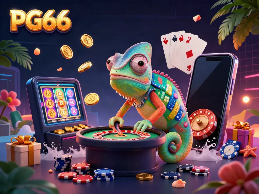 Engage in thrilling gameplay at PG66 with a vibrant 3D casino scene showcasing a chameleon and dynamic gaming elements.