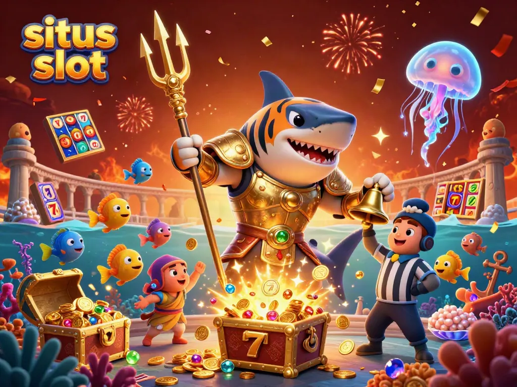 Situs slot action scene with a tiger shark in gladiator armor, slot reels, and cheering fish.