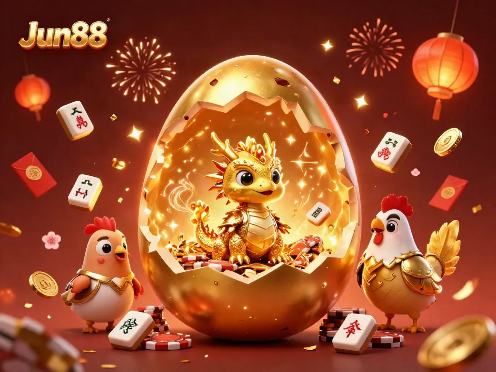 Experience Jun88's vibrant casino world with a golden dragon amidst festive gaming elements.