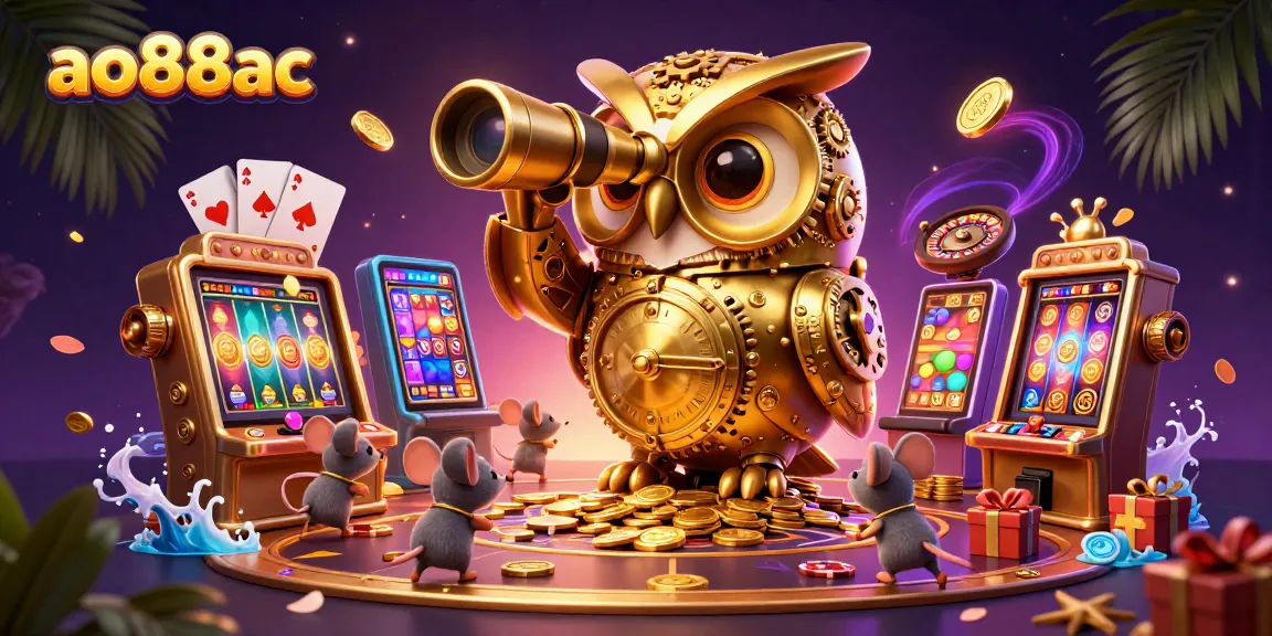 Engage with ao88ac's vibrant casino world featuring a golden owl and dynamic slot games.