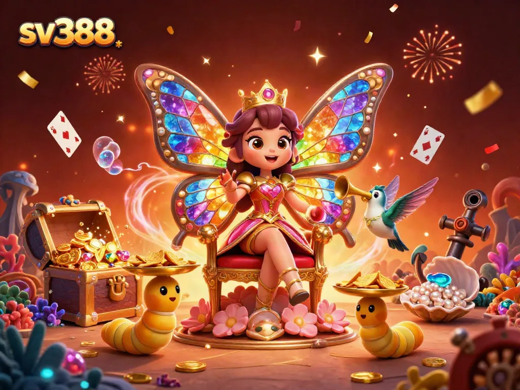 Place bets and win at sv388 with an elegant butterfly queen surrounded by vibrant games and rich treasures.