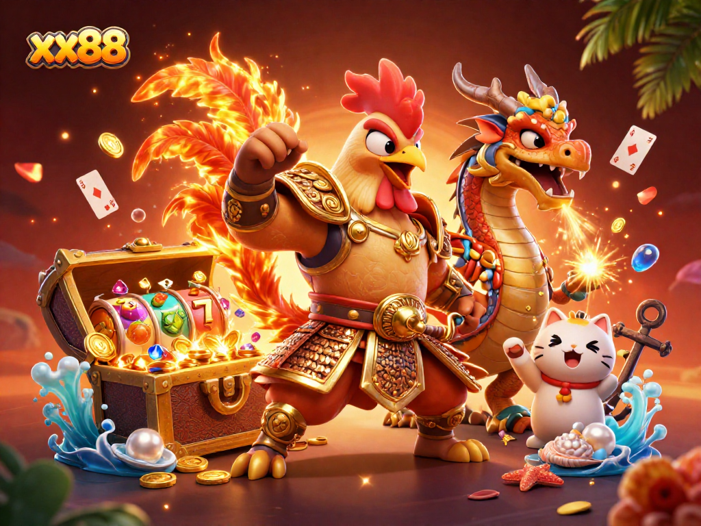 Join the excitement of xx88, featuring a fighting rooster and dragon among vibrant casino elements.