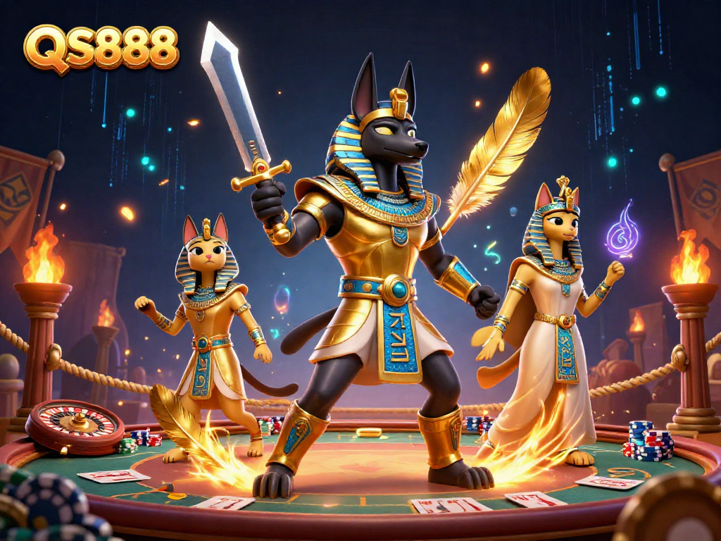 Experience the excitement of QS888 with Anubis and Bastet in a vibrant casino scene.