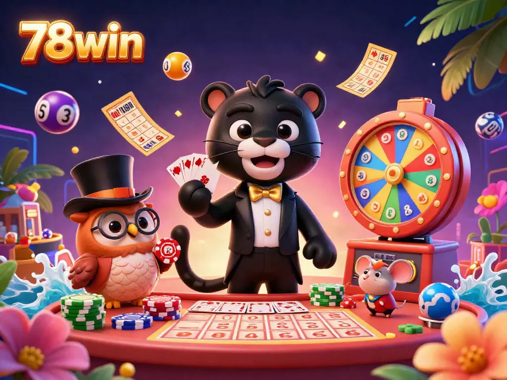 Experience the excitement of 78win with animated characters and dynamic casino elements.