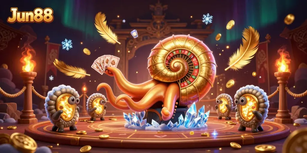 Experience thrilling wins at Jun88 with a vibrant 3D casino scene filled with cards, coins, and a roulette wheel.