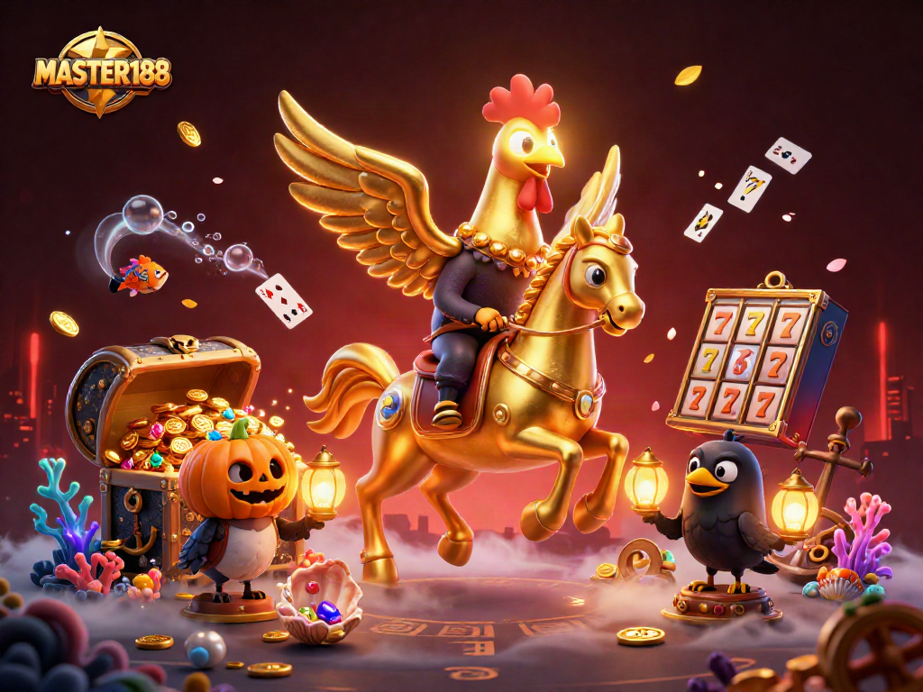 Experience excitement with MASTER188 as golden rooster rides through a dynamic casino scene.