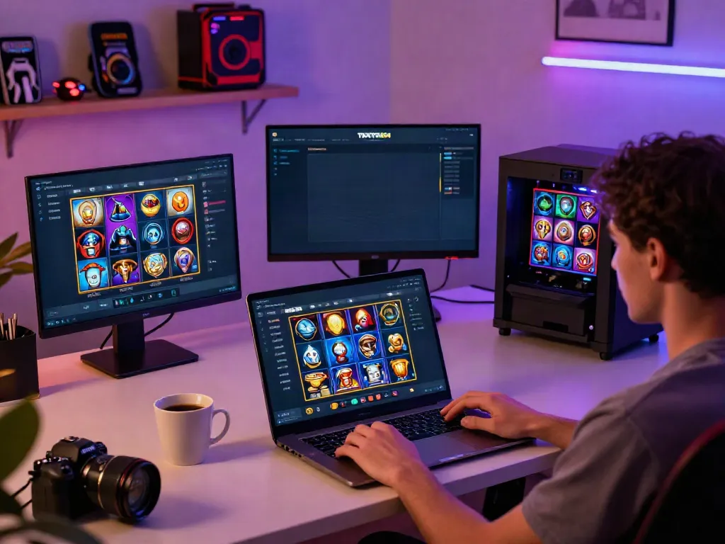 Player enjoying slot Thailand games on a laptop, showcasing TOKYO404 app and vibrant gaming graphics.
