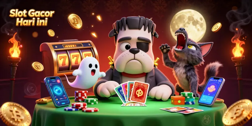 Engage with Slot Gacor Hari ini as a 3D Frankenstein bulldog delivers thrilling cards at a lively casino scene.