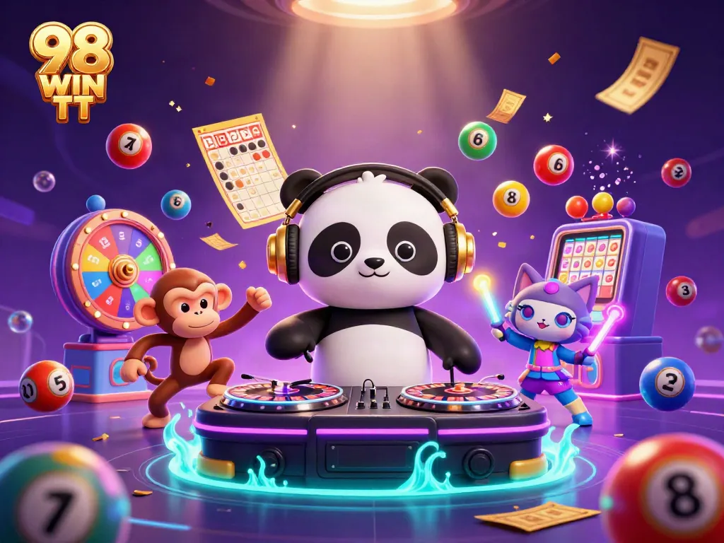 Experience the excitement at 98 WIN TT with vibrant characters and dynamic gambling elements in a lively scene.