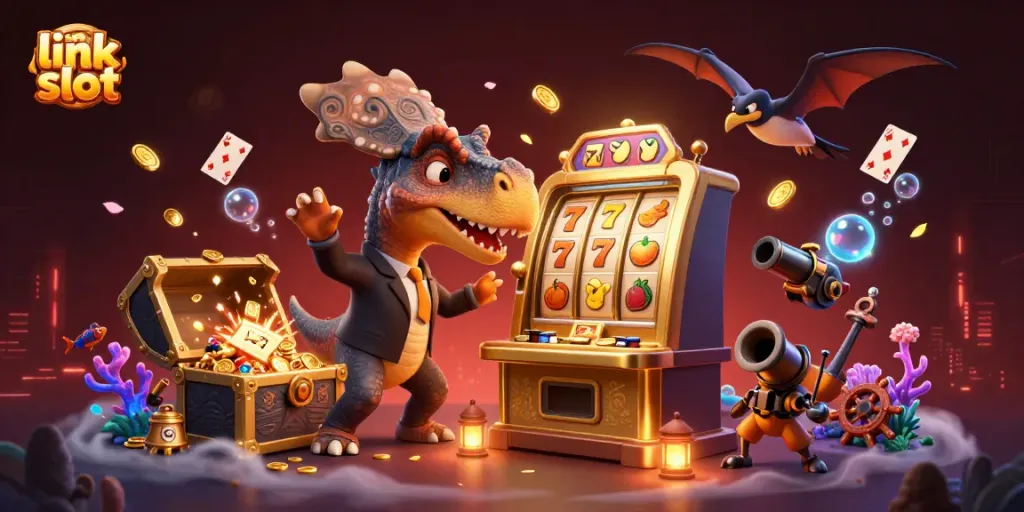 Engaging scene of a cartoon pachycephalosaurus interacting with a golden slot machine emphasizing link slot gameplay excitement