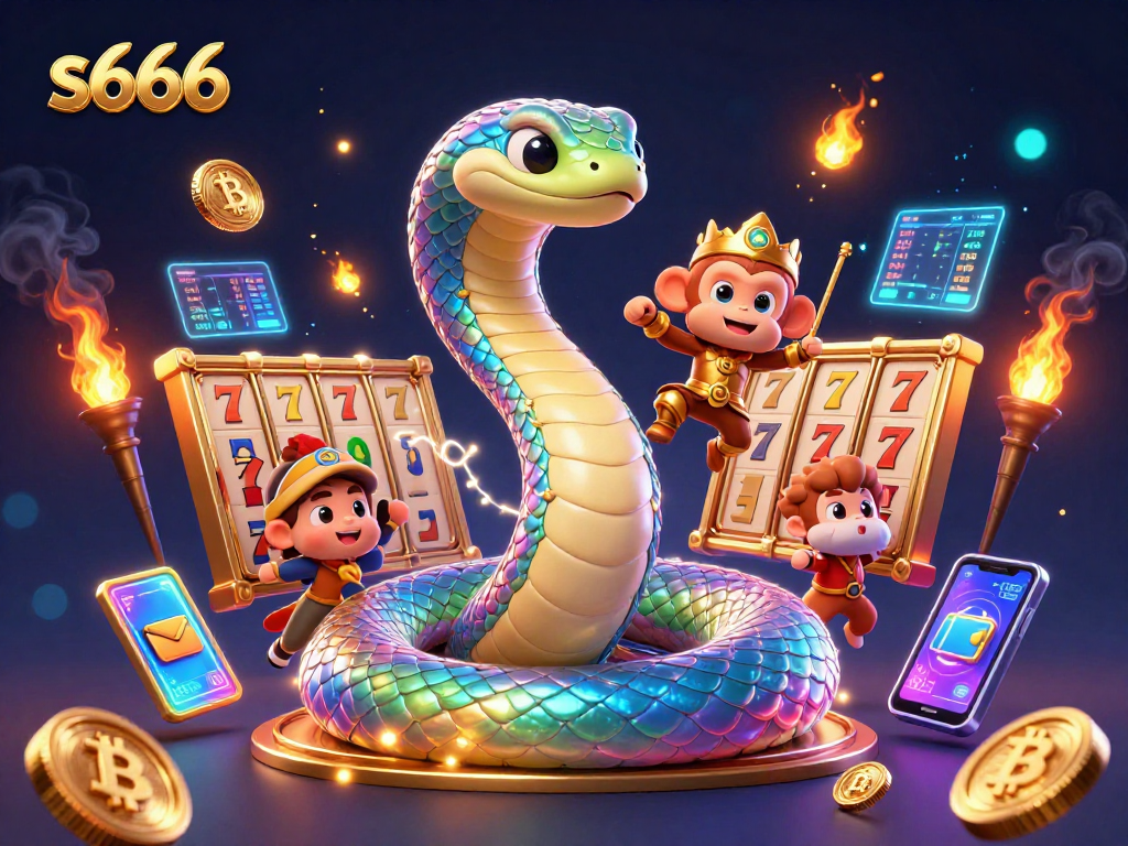 Experience the excitement of s666 with thrilling slots, golden pillars, and a rainbow serpent coiled around in a magical 3D scene.