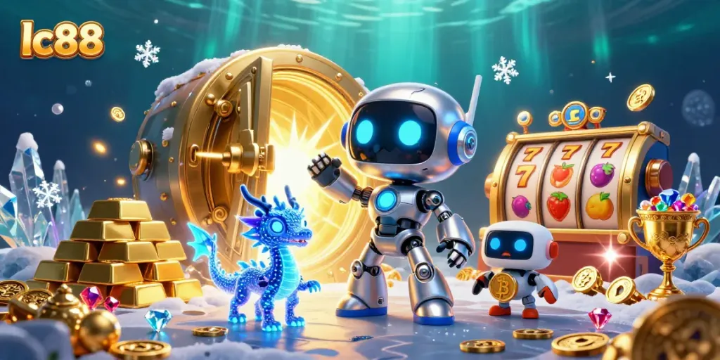Spin to win with lc88's vibrant 3D casino scene showcasing jackpots and treasures.