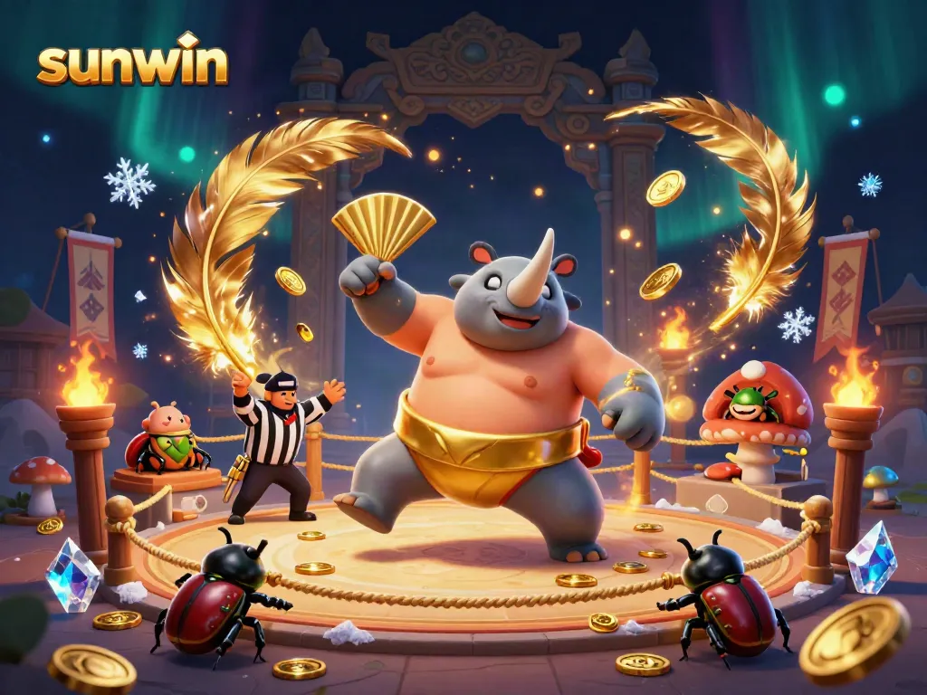 Experience the thrill of sunwin as a rhinoceros beetle champion celebrates with flying coins and excited spectators.
