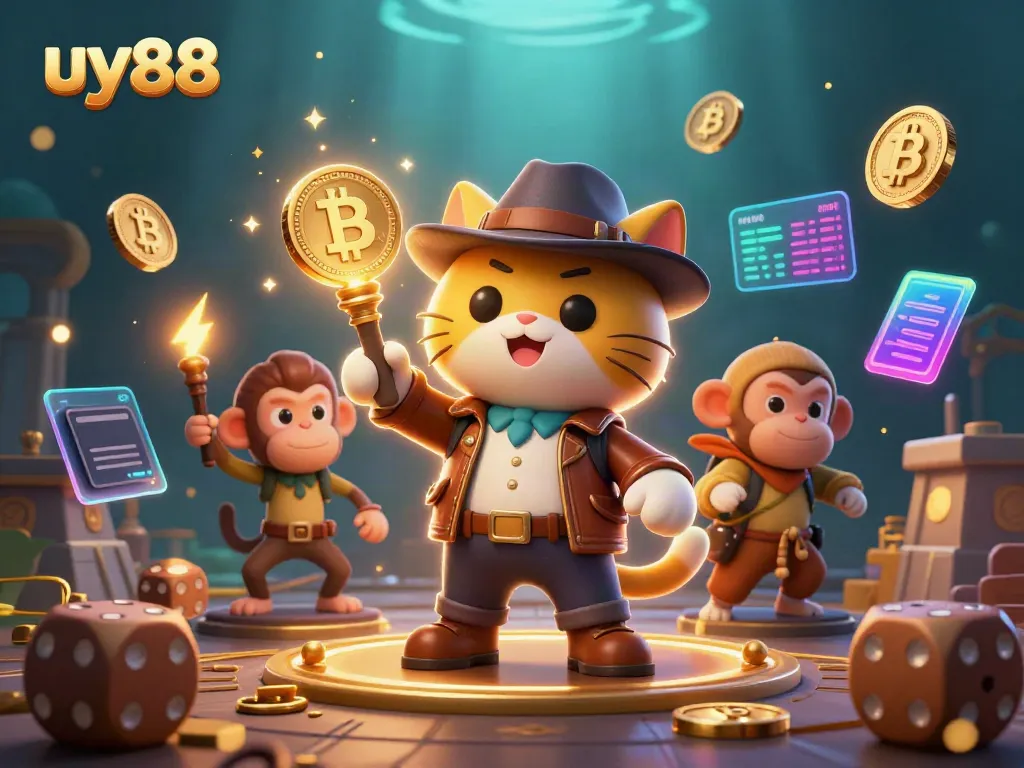 Engage with uy88's thrilling 3D casino adventure illustration featuring explorers and crypto elements.