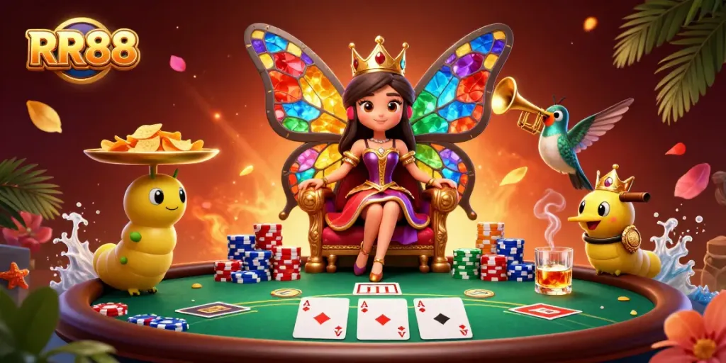 Experience RR88's vibrant casino environment with a butterfly queen at the poker table in a captivating 3D scene.