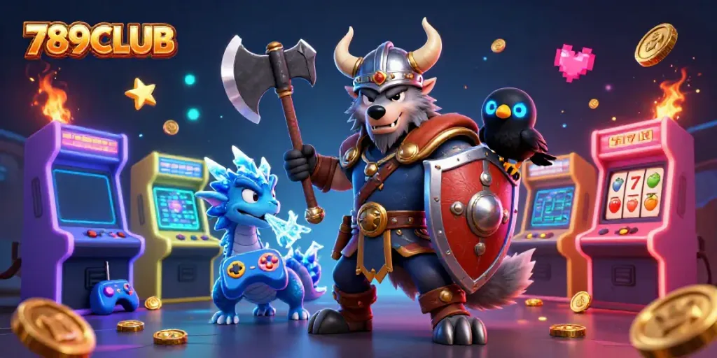 Experience the thrilling gameplay of 789CLUB with a captivating 3D illustration of a Viking warrior, dragon, and raven.
