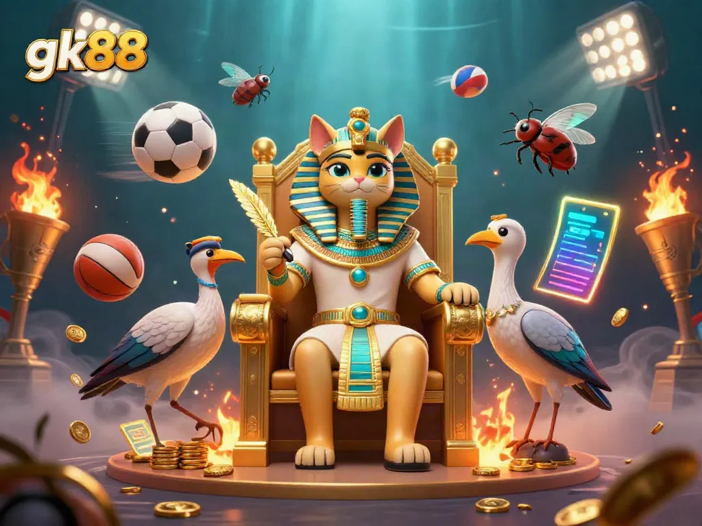 Experience thrilling betting at gk88 with a dynamic scene featuring a pharaoh cat, ibis scribe, and sports elements.