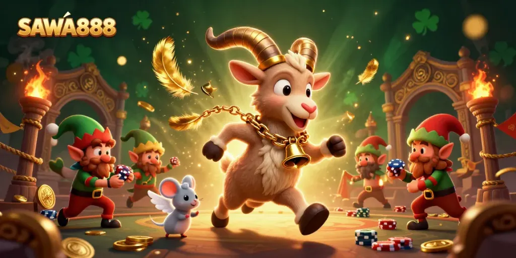 SAWA888 showcases a festive casino scene with Krampus, an angel mouse, and gremlins interacting.