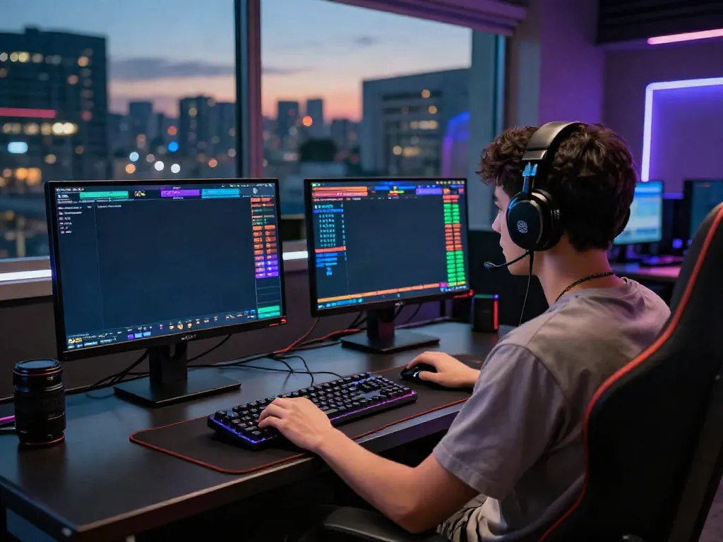 Engaged player participating in togel online gaming with vibrant interfaces on dual monitors and ambient LED lights.