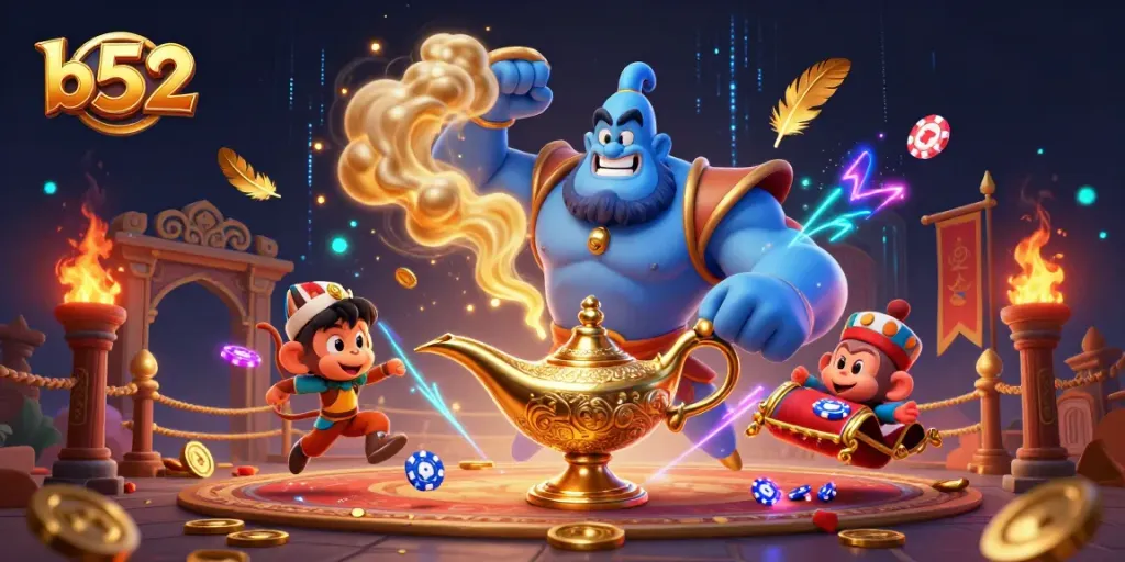 Experience the vibrant b52 casino scene with a blue genie, monkey, and poker chips on a magic carpet.