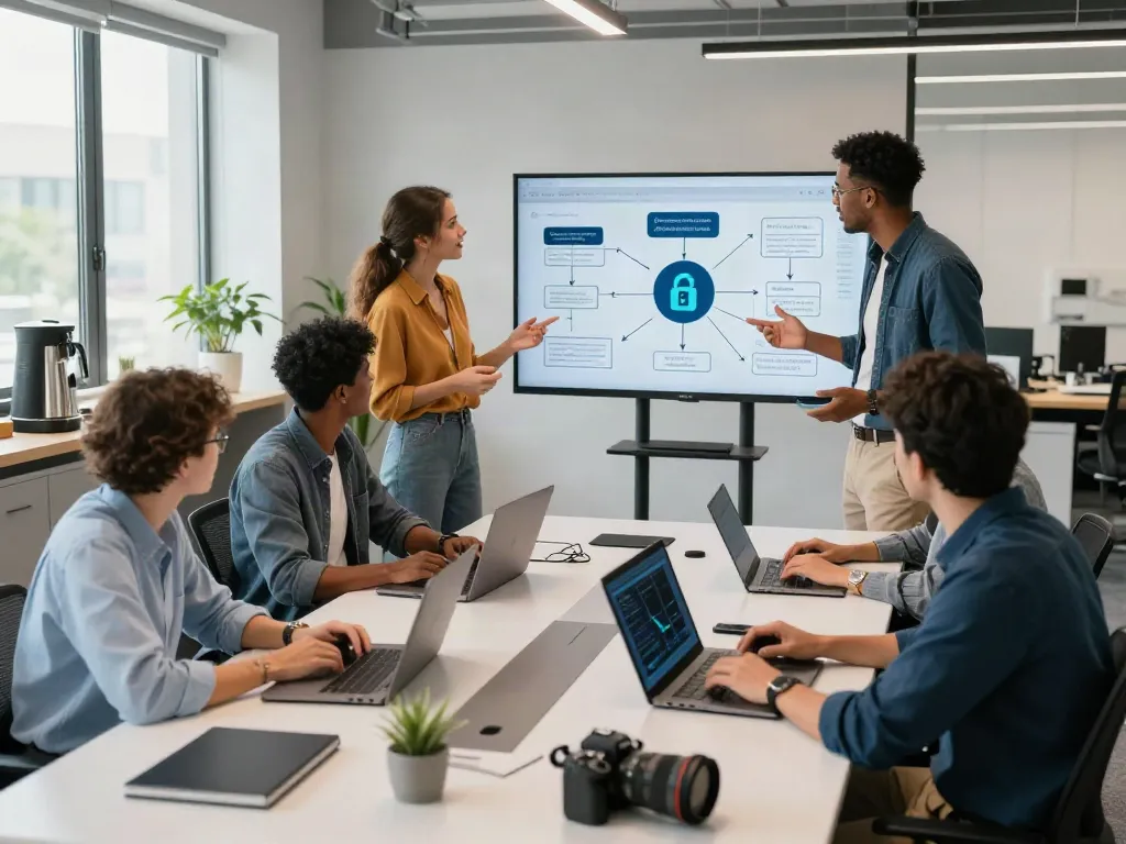 Collaborative tech workspace highlighting cybersecurity solutions and team engagement with visual data on screens, focusing on pecah404.