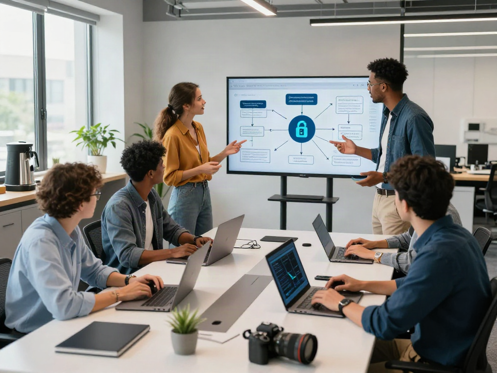 Collaborative tech workspace highlighting cybersecurity solutions and team engagement with visual data on screens, focusing on pecah404.