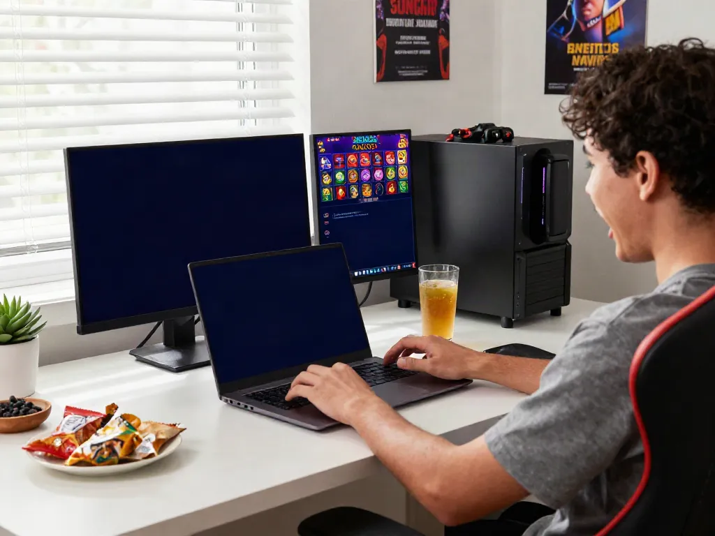 Enthusiastic gamer enjoying slot gacor games on a laptop in a bright home office.