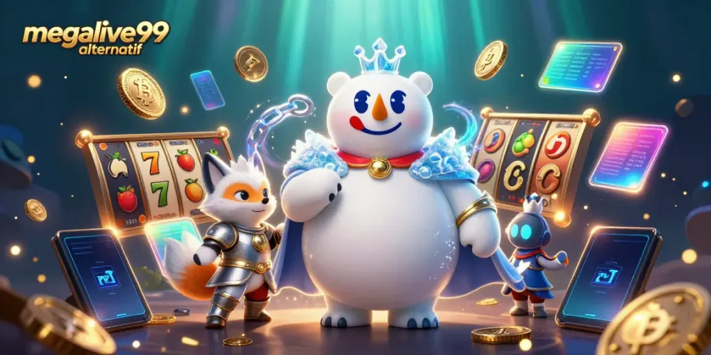Gambarlah suasana megalive99 alternatif dengan simbol permainan slot dan beragam elemen kasino lainnya.
