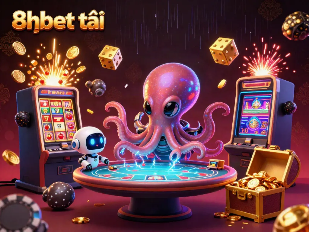 Engage in thrilling games with 8xbet tải featuring a cosmic octopus at a poker table, surrounded by vibrant casino elements.