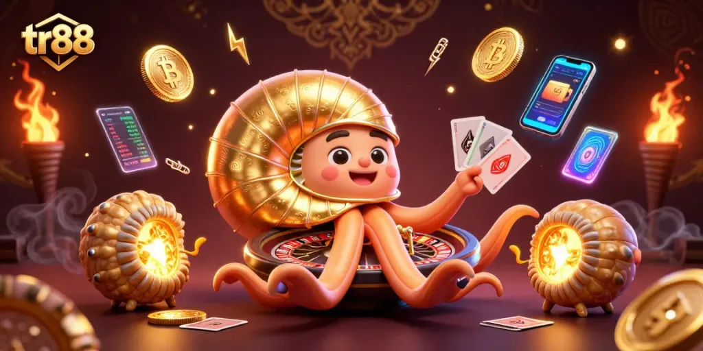 Experience thrilling gameplay with tr88 as a giant nautilus roulette wheel and glowing crypto elements.
