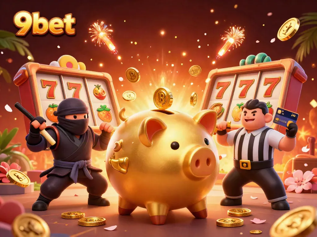 Engage with 9bet's vibrant casino scene featuring a dynamic golden piggy bank sumo wrestler amidst slot reels and stunning visuals.