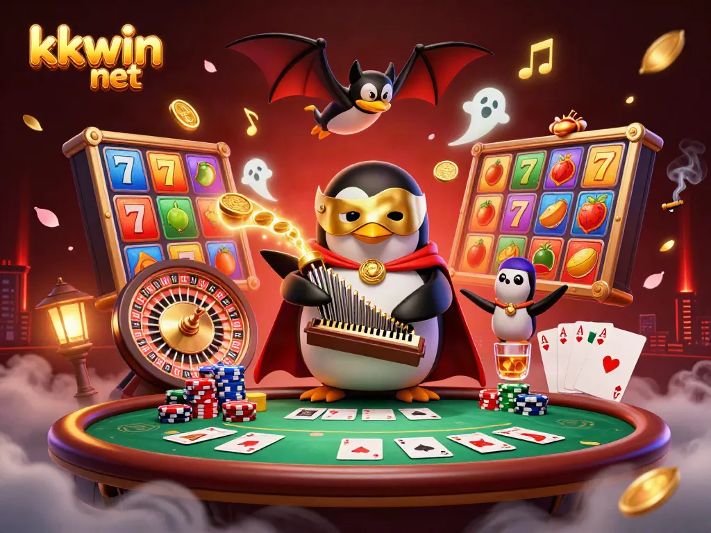 Engage with the excitement of kkwin net featuring a cartoon penguin playing games and coins flying from the organ.