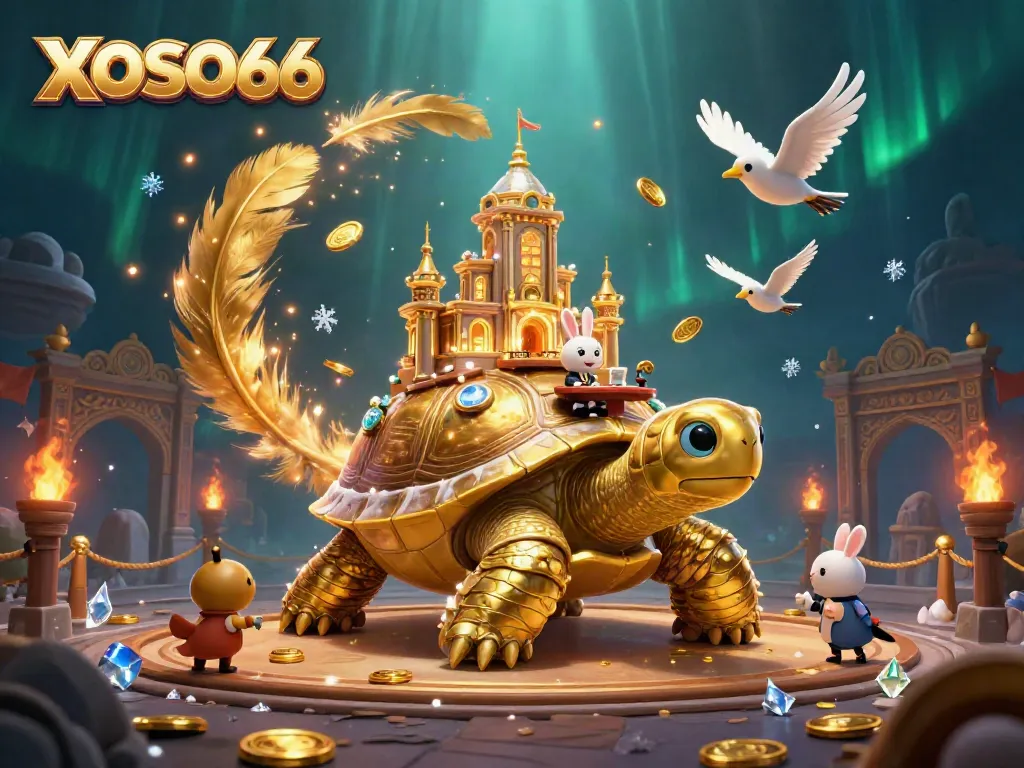Experience XOSO66 excitement with a dynamic 3D illustration of a golden tortoise casino and rabbit dealer.