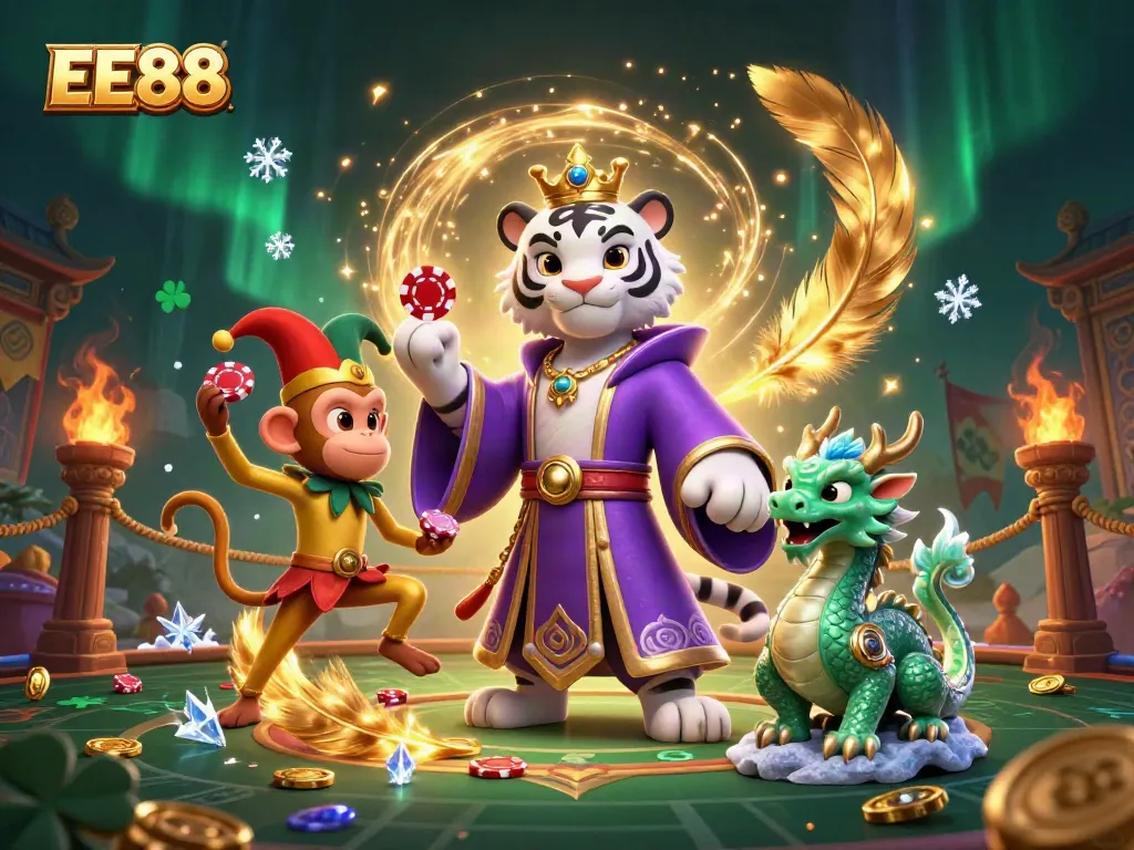 Engage with EE88's vibrant online casino experience featuring an elegant tiger, playful monkey, and jade dragon.
