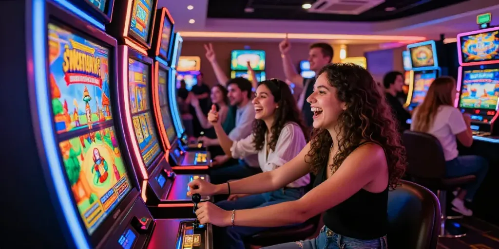 Suasana kasino yang hidup dengan teman-teman bermain slot online, senyum bahagia dan mesin slot warna-warni.