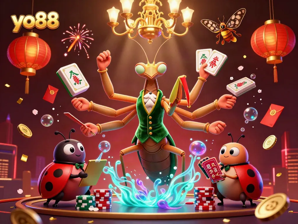 Experience thrilling gaming at yo88 with vibrant visuals of a colorful 3D casino scene featuring dynamic characters and festive elements.