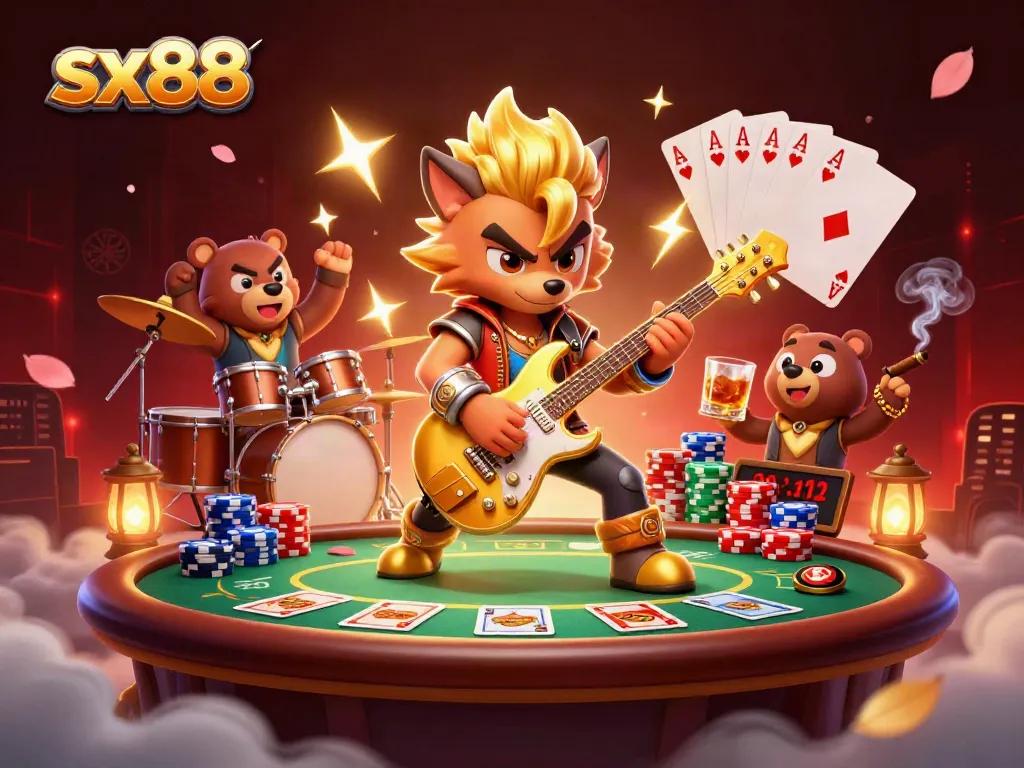 Experience fusion fun with sx88 in dynamic 3D casino illustration featuring rock star wolf and drummer bear.
