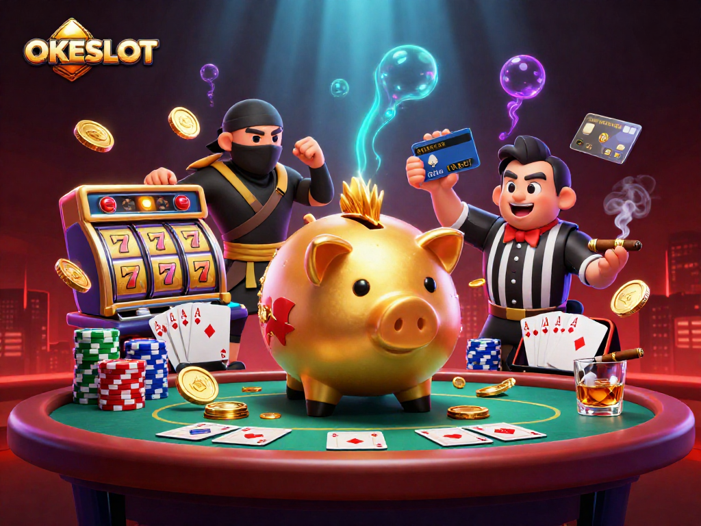 OKESLOT menampilkan ilustrasi 3D slot yang mendebarkan dengan karakter menarik dan elemen kasino.