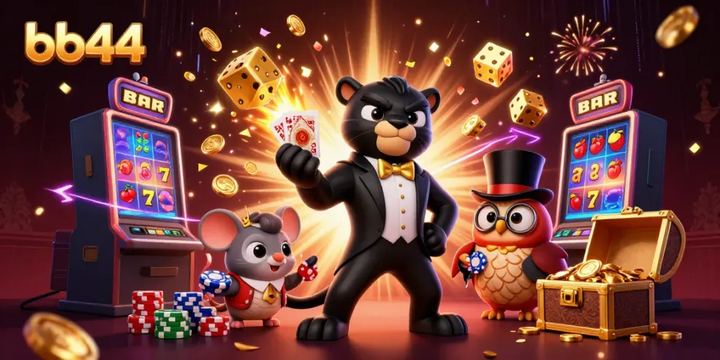 Experience the excitement of bb44 with animated characters in a vibrant casino scene.