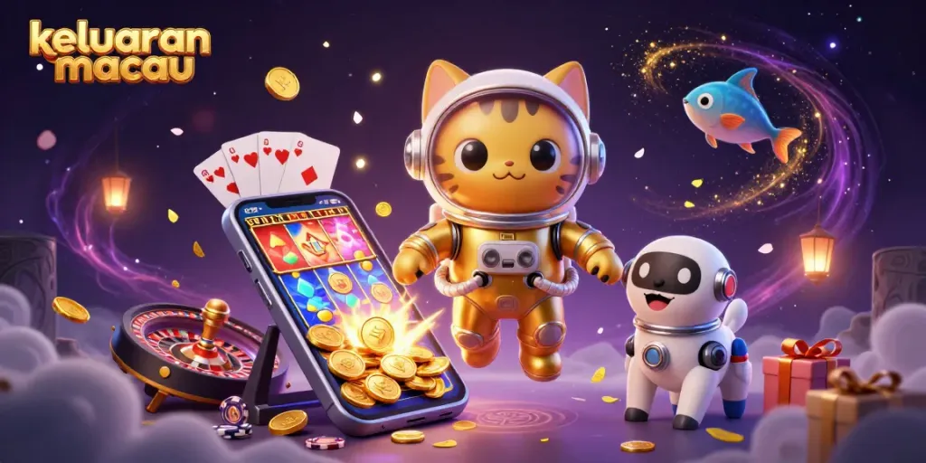 Keluaran macau dengan ilustrasi judi 3D yang memikat, menampilkan kucing astronot dan robot anjing di latar belakang yang kaya.