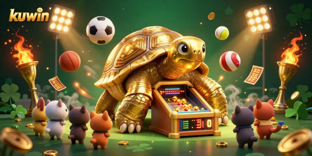 Kuwin's vibrant golden tortoise pinball machine attracts eager players amidst dynamic sports elements.