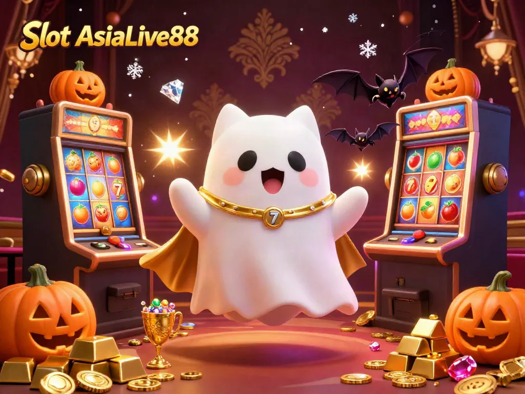 Experience the thrill of Slot AsiaLive88 with a ghost cat and treasures in a vibrant casino scene.